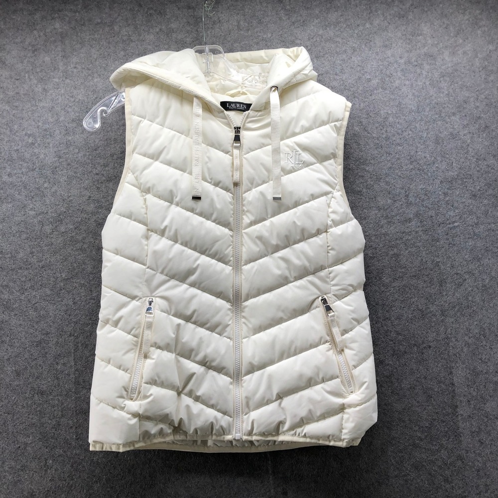 Lauren Ralph Lauren Cream White Hooded Puffer Vest Chevron Quilted Womens S